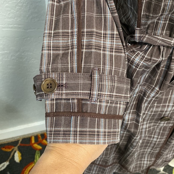 BCBG MAX AZRIA AUDREY PLAID TRENCH BROWN BLUE COAT SMALL - Picture 5 of 16